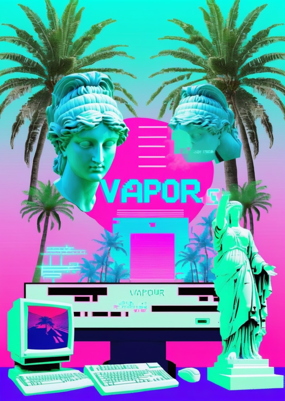 a computer and a statue with palm trees in the background and a message that reads : VAPOR-GRAPHIC',   <lora:vapor_graphic...