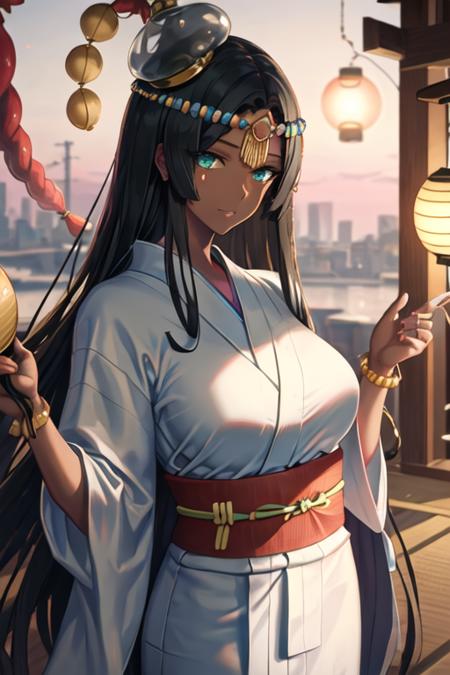 best quality, masterpiece, highres, solo, {yukata:1.40}, {kimono:1.20}, {scheherazade_fgo:1.15}, long_hair, black_hair, dark-skinned_female, dark_skin, green_eyes, circlet, breasts, forehead_jewel, jewelry, large_breasts, hat