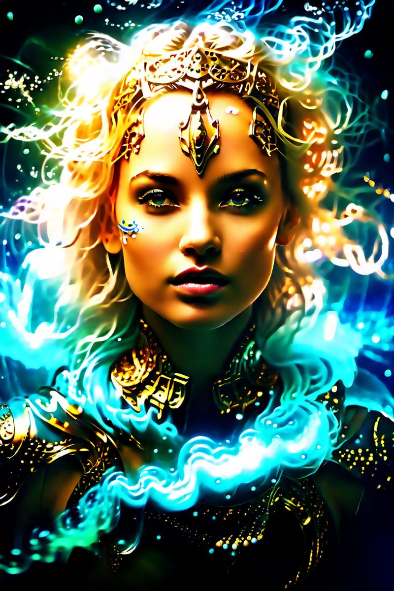 Digital Art of a Woman with Blue Eyes and Golden Hair, Wearing a Crown and a Necklace.