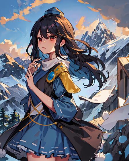 Iizunamaru Megumu, blue tokin hat, white circle scarf, blue dress, golden pauldron, black cape, pom pom (clothes), mountains
 <lora:Iizunamaru_Megumu:0.8>