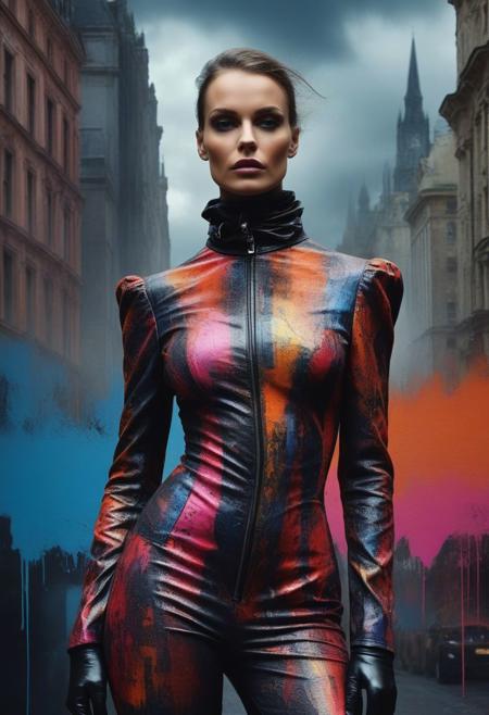 A captivating mixed media portrait by Tibor Nagy, showcasing a dark fantasy dominatrix , dressed in a vibrant, patterned outfit. The character's face is portrayed with loose, impasto brush strokes, giving it a textured and dynamic appearance. The intriguing background merges graffiti-style urban art with a cinematic cityscape, featuring tall buildings and a dramatic, stormy sky. This striking artwork combines various styles and elements to create a unique and unforgettable visual experience that transcends traditional boundaries., poster, portrait photography, conceptual art, fashion, dark fantasy, vibrant, cinematic, illustration, graffiti, 3d render, painting, photo