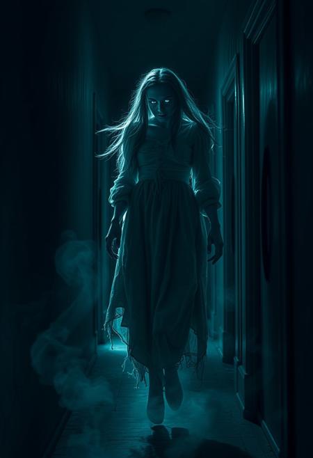 The Vengeful Spirit: A ghostly woman in a tattered, old-fashioned dress floats down a dark, moonlit hallway. Her eyes glow with an eerie light, and her hair flows as though suspended in water. The air around her shimmers, and the walls crack and warp as she approaches, filled with the weight of her long-held grudge. Shadows bend unnaturally, trailing behind her like smoke.