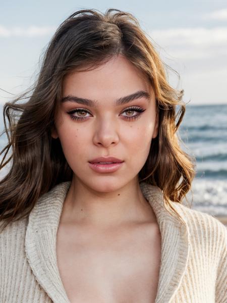 high resolution photo of hail33 woman,she's wearing a sweater,she has long brown hair,eyeliner,lipstick, extreme close-up,daytime,she's at beach,highly detailed skin