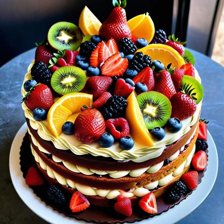 An elaborate birthday layer cake with different fillings and icing decorated with various fresh fruits.
