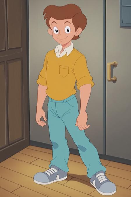 TommySPLXL, retro artstyle, black eyes, brown hair, short hair, male child, pectorals, white collar shirt, yellow shirt, sleeves rolled up, blue pants, grey shoes