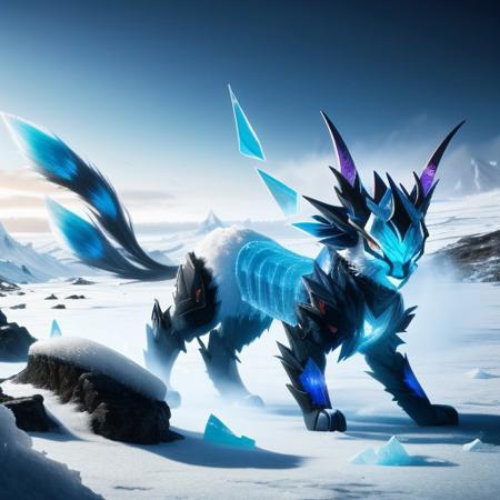 Cryostheon (Evolved Glaceon)
"The Absolute Zero"
Cryostheon does not freeze—it stops. Atoms cease vibrating in its presence, time itself locking into perfect crystalline stasis. Its footsteps leave behind glaciers that never melt, and those it touches shatter like glass, their final moments preserved in frozen screams.
Background: There is a point where cold becomes something else—an absence so total it consumes even entropy. Cryostheon is that void given form.