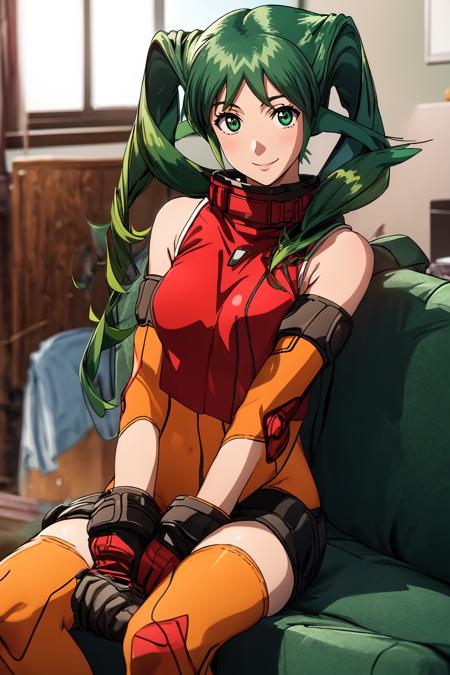 solty revant, green hair, red tops, bare shoulders, bodysuit, gloves, boots