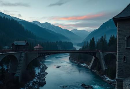 medieval, D&D, real photo, 4k, high contrast, vibrant colours, movie still, pre-dawn, rich colours, view from a bridge looking over a cold river, mountains and forests