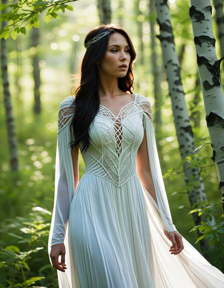 NA-Stunning-Female-Warrior, Amidst the serene landscape of Siberia, with white birches and high grass, a determined and audacious female warrior goddess, with bright white translucent, transparent, and light-transmissive pale skin, gracefully depicts in a mesmerizing Mystery-fantasy full-body illustration. Her piercing green eyes reflect the soft, diffused light of the early morning, capturing the tranquil ambiance of the scene. ((Over her gently flowing dress adorned with herbal and foliage patterns, she dons intricately crafted highly protective armor)), each piece designed to blend seamlessly with the natural surroundings. She depicts a dynamic stance amidst the Russian birch forest, testifying to the amazing prowess of the almighty and potent warrior goddess of the Siberian birch forest. ((Her unearthly cloak, intricately woven from glossy translucent strands of white fog and mist), billows gently in the cool morning breeze), adding a touch of earthly resilience to the ethereal atmosphere. With her highly dynamic poise, she embodies a sense of quiet strength and determination. Surrounded by the small birches and tall grass, she invites viewers to immerse themselves in the amazing expanse of the woodland. Inspired by the purity and serenity of the forest and the visionary works of (((Oliver Barrett, Nico Delort), Annie Stegg Gerard), Audrey Kawasaki), and Samuel Araya.