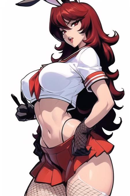 ((babycai)),(1girls:1.4), (((solo,
 school uniform, serafuku, midriff, white crop top, navel, black skirt,  neckerchief, white panties,  black gloves, lack of red tablet
medium breasts,  red hair,  red eyes , red rabbit ears, long hair
<lora:Inaba_Mikami_TV1:0.38>
)))
(((mature and milf))),   ((wide hip)), 
 (((from back)))
(((sticker with white border))),  (((basic white background))),((solo)), (dynamic pose:0.9), photorealistic, (hyperrealistic:1.2), beautiful, masterpiece, best quality, extremely detailed face, perfect lighting, medium breasts, (wide hips:1.2), nsfw,   glowing, ,  perfect eyes, large eyes, curly eyelashes,  (exited face:1.1) , ((perfect face)), ((fishnets)),  (((horny))), ((perfect hands)), (perfect hands),