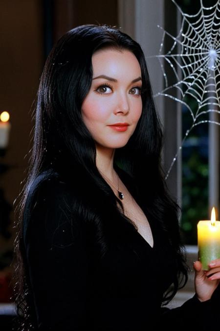hires digital photo, photorealism, simple background, black background, dark, profile, c4r0ylnj0ne3 solo, upper body, face focus, looking at viewer, candle lights, bokeh, spider webs in cornors, long black hair, black dress, indoors, <lora:c4r0ylnj0ne3XL:1>, intricate details, high resolution,