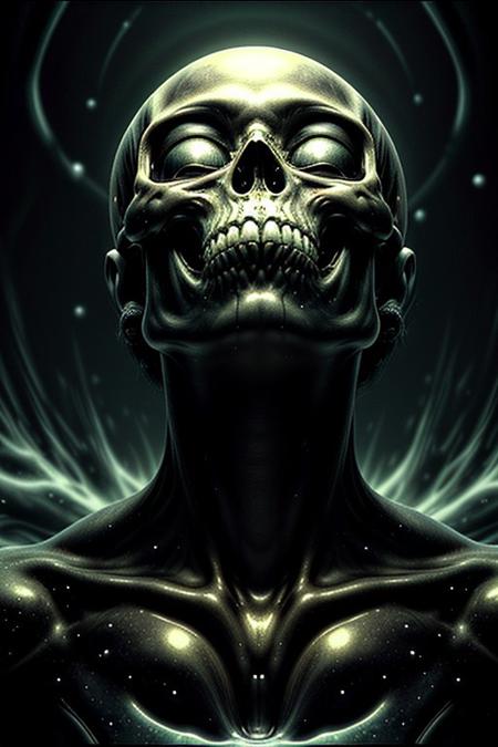 A close-up photorealistic image of a crystal-like floating skull facing dynamic view with its mouth open, pouring from it's mouth a shimmering liquid resembling the universe onto the ground, filled with rich stars and swirling galaxies. A simple void background enhances the dark atmosphere, shrouded in fog, capturing the hypnotic flow and shimmer of the cosmic liquid, form above,