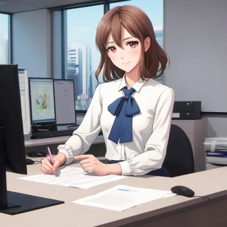 1girl, blouse, office setting, animation, anime, cartoon