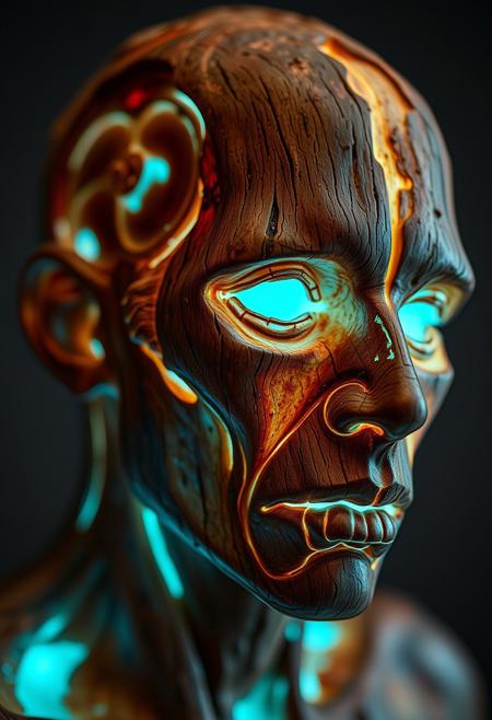 A tight close-up shot of a bioluminescent, glowing contemporary wood sculpture.  The sculpture depicts a creepy, ghostly human form with charring, scarring, and resin coatings.  Detailed focus showcases the natural light effects and vibrant glow, emphasizing weathered textures, vulnerability, transformation, and healing within the fragmented figure.