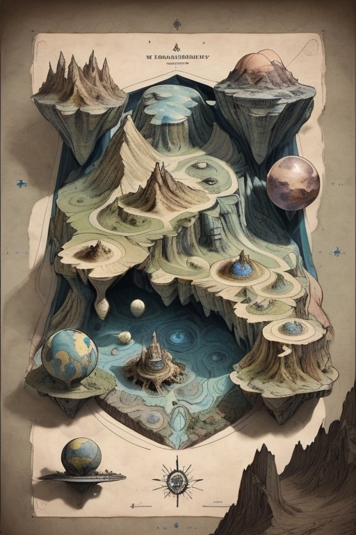 overhead map of an alien planet, isometric views, cutout details, geographic and topological structures, elaborate and com...