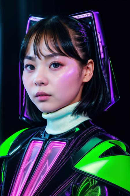 yuzumiShin1 in cyber neon lighting, futurism, intricate futuristic jewelry accessories, cyberpunk glossy white latex turtleneck, hyper photorealistic, crispy quality, digital photography, trending in artstation, trending in pinterest, cinematic, 4 k ultra hd, art by pascal blanche, art by greg rutkowski