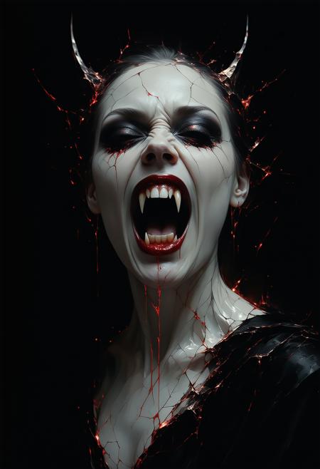 Vampire Queen, Hyper-detailed: open mouth, sharp vampiric fangs,
low-angle, pale face glowing, fangs iridescent. Materializing from fractured glass, blood-crimson void. glyphs pulse on her collarbone.
Beksiński's decay, Klimt's gilded chaos; dramatic chiaroscuro. inky gown threads fused with swirling steel. Eerie elegance