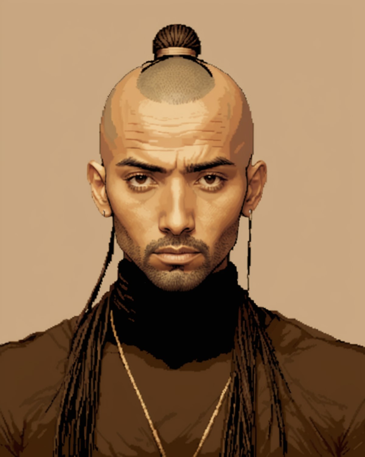 Excessivism, Puerto Rican Male, his hair is Bald and styled as Fringe, Sepia filter, Zen, <lora:16-bit_pixel_backgrounds_v...