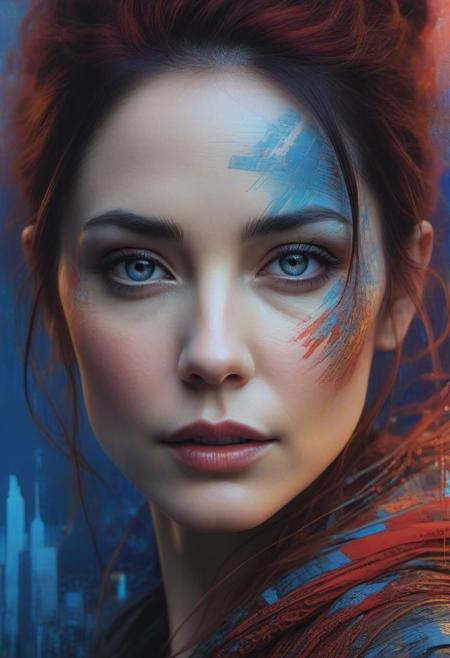 Woman 40 years old with fine hightech skin details, detailed face, sf, intricate artwork masterpiece, blue and red pastel ratio, background is the earth planet on golden hour, ominous, matte painting movie poster, by Carne Griffiths