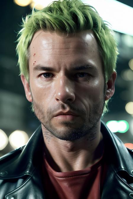 [RAW] HD [closeup] photo of a man<lora:guyp13rc3:1>, natural skin, highly detailed skin, red leather jacket, outside at night, neon green hair, techno gangster, dark street at night, downtown at midnight, bokeh