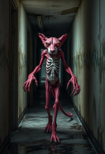 score_9, score_8_up, score_7_up, score_6_up, depth of field, highly detailed, BREAK Pink Panther, malnourished, skinny, bony, sunken eyes, dirty matted fur, mange, patches of fur missing, scabs, claw marks, anaemia, bones visible under flesh, glowing red eyes, long mangled claws, long mangles finger nails, hyper realistic hands and feet, long gnarled teeth, long arms, long fingers, malformed, extremely narrow waist, hipbone visible, ghoulish,no human, 
BREAK in a long hallway stands the Pink Panther, this Pink Panther is a twisted creature unlike his well known counterpart,  Pink Panther is standing in a doorway, menacingly, with his hands by his sides, his hands reach and are dragging on the floor, Pink Panther is walking towards the viewer at the other end of the hallway, the building is dilapidated with water damage, water is dripping from the ceiling and running down the walls, it is dark, low lighting, mold is growing on the walls, this building has been abandoned and condemned,
 night,  doorway,,low key,dramatic lighting, film grain,