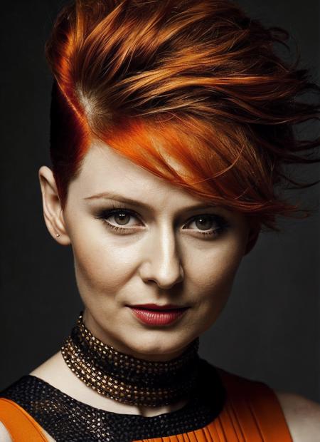 portrait of sks woman by Flora Borsi, style by Flora Borsi, bold, bright colours, orange Mohawk haircut, ((Flora Borsi)), <lora:locon_mirandaotto_v1_from_v1_64_32:1>