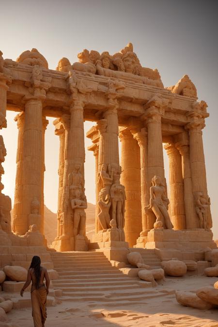 a massive ancient temple half-buried in golden desert sands, weathered statues of a forgotten goddess lining the entrance, glowing amber light at sunset, sand blowing gently in the wind, cracked marble stairs leading into darkness, ethereal spiritual presence, wide-angle cinematic composition, realistic texture, DSLR photography