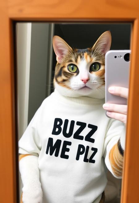 mirror selfie of a cute cat wearing a shirt that says, “BUZZ ME PLZ"