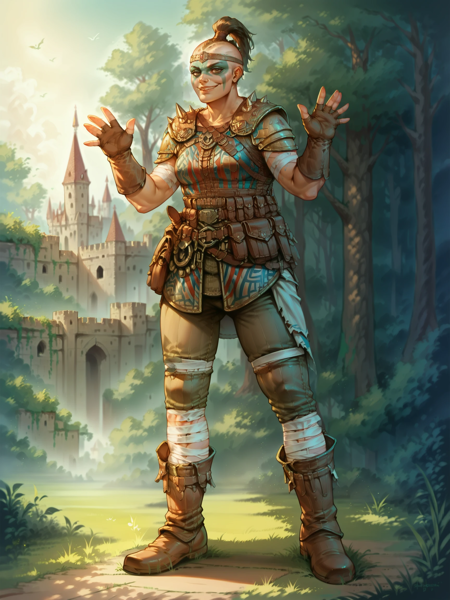 Sham4nForHonor, 1girl, shaved head, topknot gloves, boots, bandages, pants, pouches, armor, leather headband