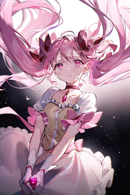 1girl, <lora:HairFloatingUp:.8:BODY>, hairup1, hair floating up,long hair,cowboy shot, full shot,  <lora:madoka:1> 1girl, kaname madoka, solo, pink hair, twintails, tears, pink eyes, gloves, magical girl, outstretched arms, choker,