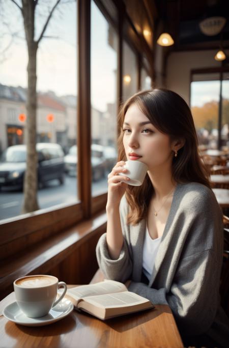 A photorealistic image of lv rdrg woman, having a morning coffee at a quaint café, reading a book, reflecting a peaceful moment. The lighting is soft and natural, with a cloudy outdoor setting visible through the café's window, set during morning. The color scheme is warm and cozy, captured in a third-person perspective, with a romantic aesthetic, in a vintage photography style, cinematic, analog film grain, bokeh