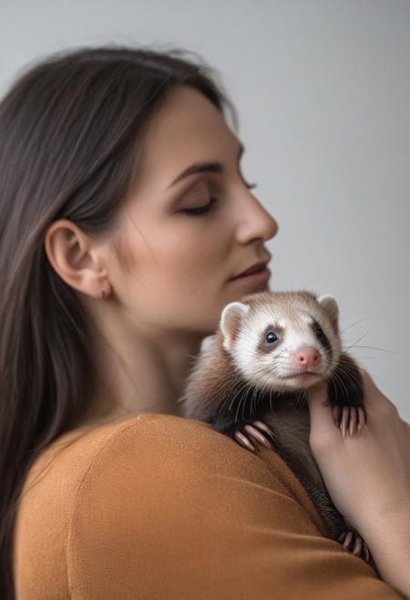 ferret in the arms of a pretty woman, very realistic photography
