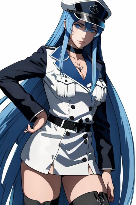 long_hair,hat,peaked_cap,blue_eyes,blue_hair,choker,very_long_hair,military_uniform,thighhighs,tattoo