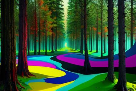 An image which uses bold colours and shapes, amazing, (masterpiece:1.3) which creates an unsettling feeling, landscape, forest