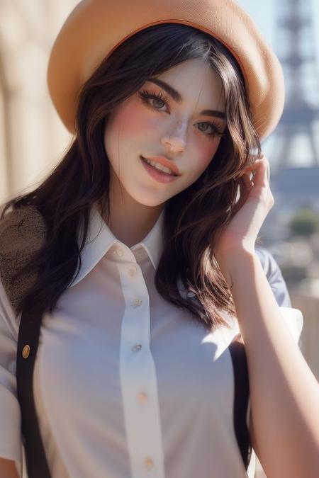 DEN_hannah_owo,
in Paris wearing a (shirt:1.3) and (beret:1.2), france, (French:1.2), Paris, Eifel tower, scenic,
bokeh, f1.4, 40mm, photorealistic, raw, 8k, textured skin, skin pores, intricate details  <lora:epi_noiseoffset2:1>, epiCRealism <lora:detail_slider_v4:0.8> <lora:ClothingAdjuster3:-0.8>