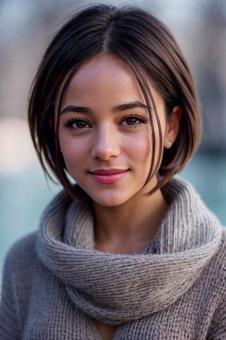 photo of beautiful (alizjacot:0.99), a woman in a (frozen lakeside:1.1), perfect hair, short hair upsweep updo, wearing (sweater), modelshoot style, (extremely detailed CG unity 8k wallpaper), professional majestic (photography by  garry winogrand:1.1), (Nikon D7500 DSLR Camera), 24mm, exposure blend, hdr, faded, extremely intricate, High Detail, Sharp focus, dramatic, soft cinematic light, (looking at viewer), (detailed pupils), cute smile, 24mm, 4k textures, soft cinematic light, adobe lightroom, photolab, elegant, ((((cinematic look)))), soothing tones, insane details, hyperdetailed, low contrast