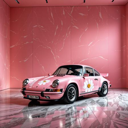 professional detailed photography, a pink porsche car with flower pattern in a room with a pink wall,gallery,1974 porsche 911,2019,in style of juergen teller,inspired by Hendrick van Balen,museum lighting,exhibition,minimalism,delicate pink color,unsaturated colors,photo,extensive space,dezeen showroom,highly detailed-h 704,finely detailed car,marble skin,8k high quality detailed,remote frame,exhibition hall,aesthetic,dark color print on the car,many shadows,cinematic deep shadows,pastel_color,light exposure background,curtains background,background lighting,shaded glass,deep not sharp shadows throughout the car,, (muted colors, dim colors, soothing tones), (vsco:0.3)