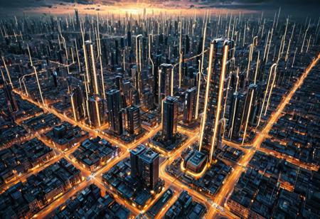 A sprawling cityscape built entirely from chip elements — skyscrapers made of vertical resistors, streets glowing like bus lines, and glowing vias linking neighborhoods. Hovering drones resemble flying ICs, while traffic flows in rhythmic pulses of LED color. The sky flickers with data clouds. Ultra-wide futuristic view, architectural precision, complexity inspired by electronics layout.