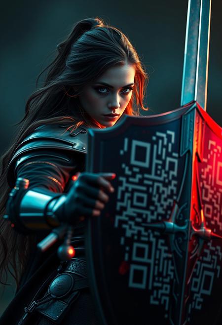 Closeup Portrait, a Long haired Knightess with Sword and a shield resembling a Large QR-Code in fight stance, translucent dark-neon colorful made of grignani lines, a giant bsft boss, volumetric lighting, ultra detailed, deep blacks, crepuscular rays, volumetric lighting, ultra detailed, deep Blacks, very detailed, atmospheric haze, Film grain, cinematic film still, shallow depth of field, highly detailed, high budget, cinemascope, moody, epic, OverallDetail, 2000s vintage RAW photo, photorealistic, candid camera, color graded cinematic, eye catchlights, atmospheric lighting, imperfections, natural, shallow dof