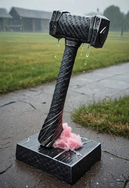 cf_style, high quality, highly detailed, Cinematic, artistic, masterpiece, 
digital painting, dark fantasy, drkfnts style, hyper detailed. an epic depiction of thor's weathered hammer, mjolnir, partially crashed into ground. the hammer is a weapon of brutal simplicity, it's storm forged head a rectangular slab of divine metal, is massive and unadorned. the simple leather wrapped handle short and thick, is also wrapped in a band of pink cotton, the end of the fabric swaying in the wind. powerful lightning sparks cover the hammers surface and edges with sinister energy, echoing the divine and destructive force of the weapon. the hammers head is partially buried in concrete pavement path, cracked under it's impact. the background is out of focus, depicts green grass and decayed recreational playground equipment, covered in mist. the lighting is overall soft and dim, highlighting the hammer in an epic mood.
<lora:Styles\SDXL\Carbon_Fiber_Style_World_Morph_SDXL_-_Snoodler_-_V2.0>