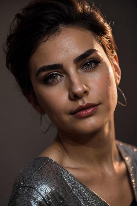 High fashion photography, portrait of italian woman, striking facial features, short hair, perfect eyes, crystal clear, seductive smile, wearing red blouse, dramatic lighting, volumetric lighting, dust on air, BREAK (((grey background))), grungy, shot on Fujifilm XT3, (((medium full shot))), female ((((pose))), ((fashion poses))