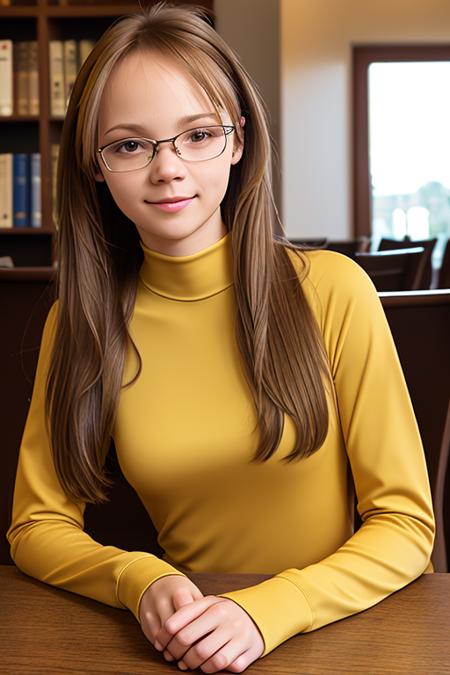 a photo of  AM149_Anna_Jitkova,
25 years old woman in (thick frame glasses) weared (long-sleeve high neck dress:1.2)
sitting at the table in the library, <lora:LowRA:0.3>,
soft light, golden hour, cheerful mood, shoulder shot, close up, 
4k textures, natural skin texture, skin pores, adobe lightroom, photolab, intricate, highly detailed, sharp focus, professional photo, insane details, intricate details, hyperdetailed, hyperrealistic