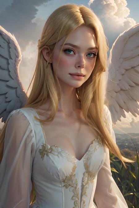 best quality, masterpiece, photorealistic, ultrarealistic,   professional photograph shot on Canon EOS R6, 80mm, moody lighting,   (beautiful 24 yo swedish angel with large angel wings, edgCloud,  wearing a dress made of clouds,fantasy romantic, solo, detailed eyes, looking at viewer, beautiful, , fantasy, , smirk, romantic, solo, heaven, enveloped in clouds, heavenly clouds background BREAK (blonde hair, mid parted hair, straight hair, long hair:1.2), pronounced blush, beautiful green eyes  <lora:ellefanningv1:1> ell3fann1ng