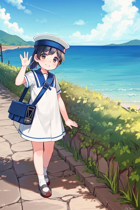 (masterpiece), (best quality), (ultra-detailed), photorealistic, (best illustration), (an extremely delicate and beautiful), 1girl, solo, sailor dress, blue sailor collar, (full body), sailor hat, (kchiburi), low ponytail, short hair, brown eyes, black hair, smile, shoulder strap, (shoulder bag), (extremely detailed scenery),BREAK standing, looking at viewer, facing viewer, <lora:more_details:0.15> <lora:hiburigata_nai_8:0.8>, waving, coastal bay