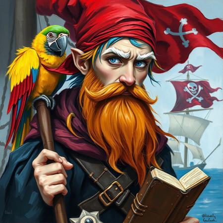 Oil painting rendered in a loose, impressionistic style with thick, expressive brush strokes. Full body portrait of a young handsome pirate wizard. His outfit is a mish mash of wizard-like and pirate clothes. He wears a red bandana a black cape and he has a long ginger beard. He has big white eyebrows. His hair is a mixture of colors: blue, red, yellow, green. He holds a book and a wizard's staff. On his shoulder sits a colorful parrot. The background shows a pirate ship with a pirate flag.