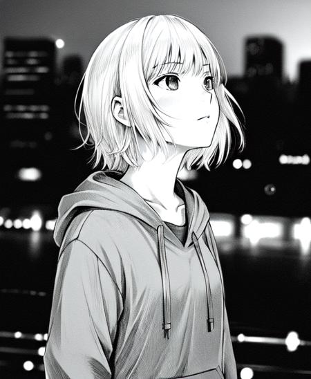 1girl, in the style of  <lora:marvin:0.45>, manga, medium shot, looking up, sideways view, hoodie, short hair, solo, (city background, lights, blurred:1.2), greyscale, monochrome, detailed face