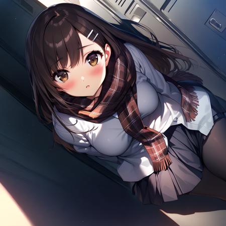 yuki_morikawa, brown hair, brown eyes, long hair, hairband, white dress, red jacket, red skirt, white thighhigh, red shoes,