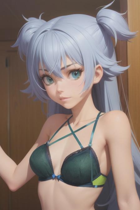 Sora tenkūji, gray hair, green eyes, bangs, messy hair, slim waist, slim body, small breast