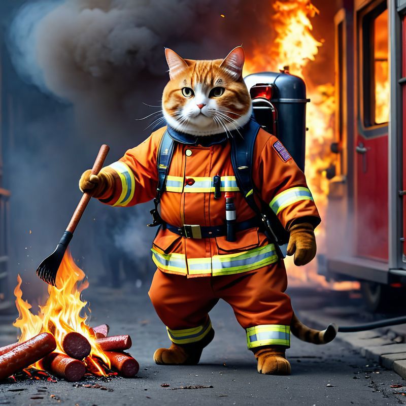 A Fire Cat in Uniform Standing in Front of a Fire Hydrant and Flames.