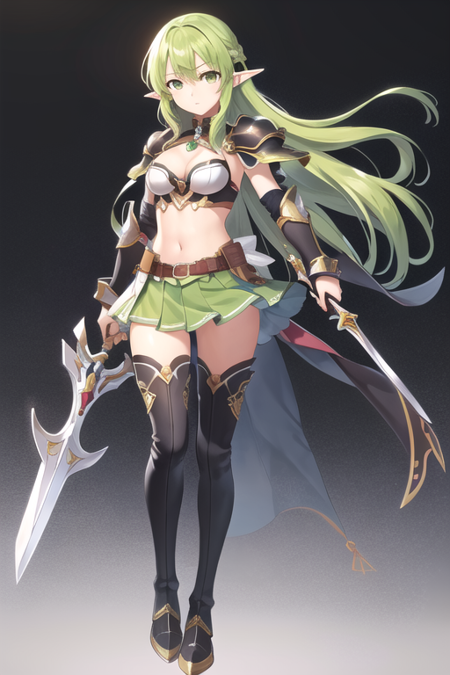 <lora:RenaErindel-09:0.4>, rena erindel, 1girl, solo, long hair, skirt, thighhighs, navel, cleavage, medium breasts, green eyes, full body, weapon, boots, green hair, pointy ears, sword, black thighhighs, armor, thigh boots, black background, green skirt, elf, bow (weapon), light green hair